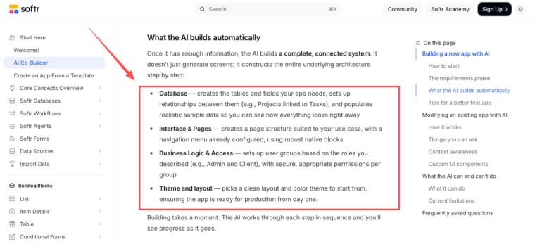 Explore technical details in Softr reviews regarding automated database creation, layouts, and logic.