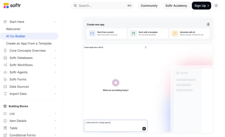 See the AI prompt builder in action, highlighted across user Softr reviews for rapid app prototyping.