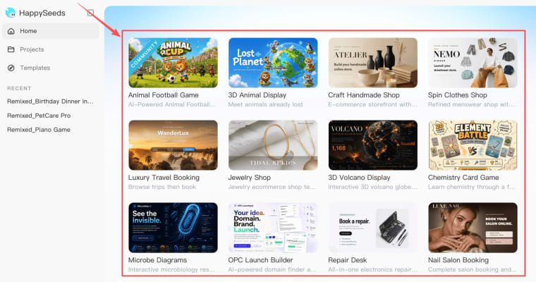 Explore diverse pre-built templates and games available on HappySeeds to accelerate no code app development.