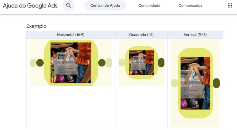 Guia do Google Ads exibindo os formatos de proporção horizontal, quadrado e vertical para anúncios em vídeo com IA.