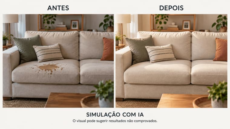 Exemplo de antes e depois mostrando a remoção de manchas em um sofá para anúncios em vídeo com IA eficazes.