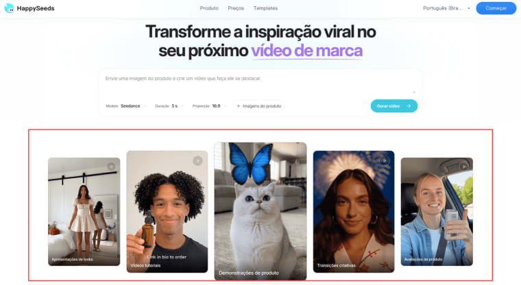 Interface da plataforma mostrando exemplos de modelos prontos para criar facilmente seus anúncios em vídeo com IA.