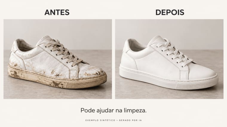Exemplo de antes e depois mostrando a limpeza digital de um tênis para campanhas de marketing em vídeo com IA.