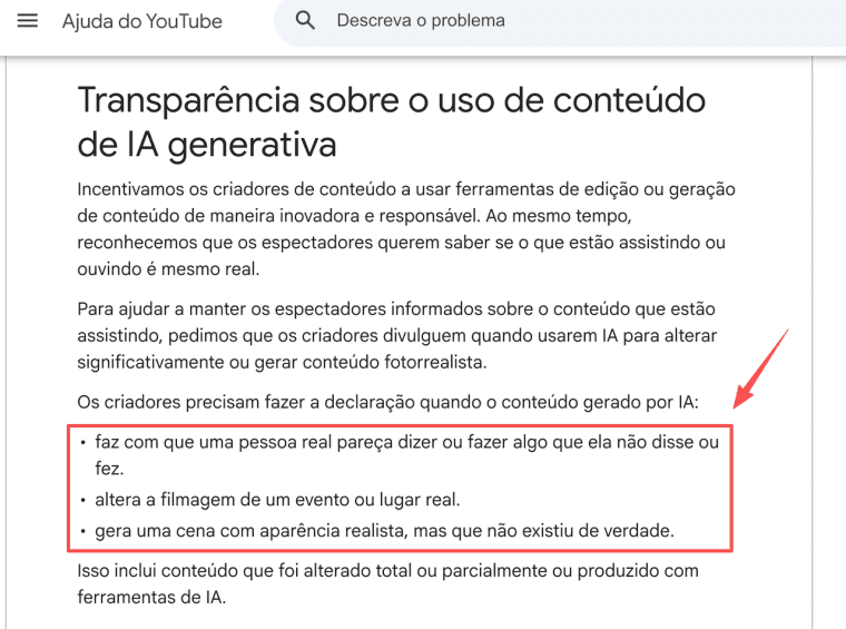 Página de ajuda do YouTube detalhando regras de transparência exigidas no marketing em vídeo com IA generativa.