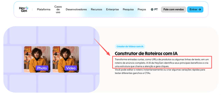 Interface de um gerador de vídeos UGC com IA criando roteiros automatizados a partir de textos e links.