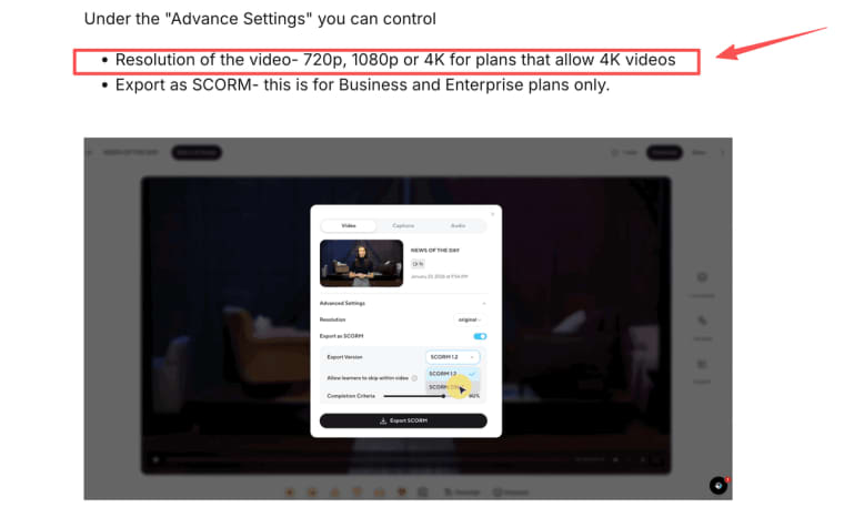 Painel de configurações avançadas em um gerador de vídeos UGC com IA para definir resolução e exportação.