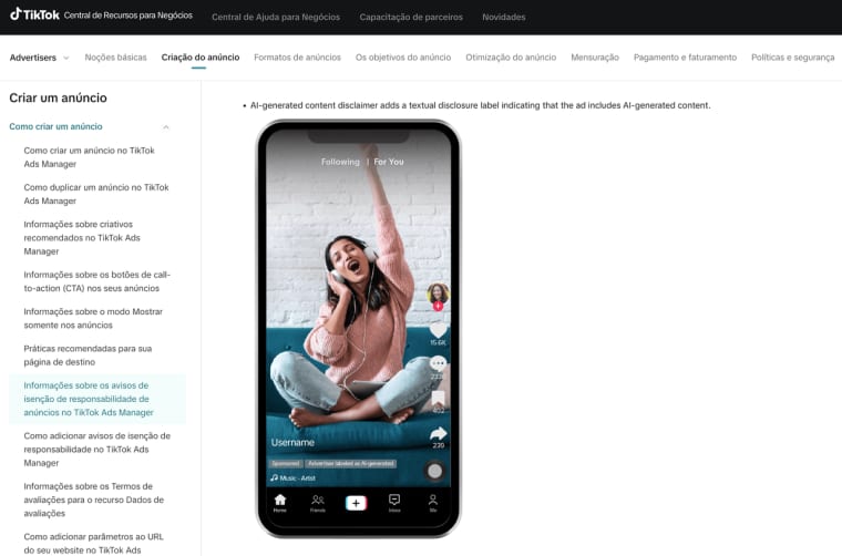 Exemplo de anúncio no TikTok exibindo o selo de transparência para conteúdos criados por um gerador de vídeos UGC com IA.