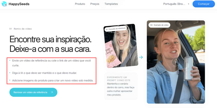 Interface da plataforma permitindo remixar referências para usar como um gerador de vídeos UGC com IA eficiente.