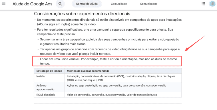 Orientações do Google Ads sobre testes focados para melhorar a performance de anúncios em vídeo com IA.