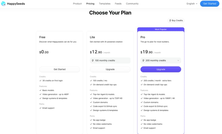 Compare subscription pricing plans and monthly credit options available on a modern ai saas builder platform.
