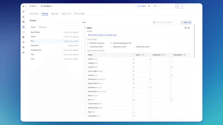 Configure data privacy rules and field security settings when building applications with an ai saas builder.
