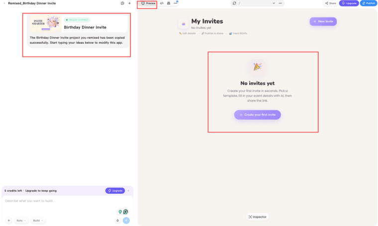 Preview your remixed event invitation project and manage attendee responses inside the glide apps dashboard.