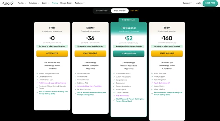 Explore subscription tiers and pricing plans available for creators scaling projects with the adalo app builder.