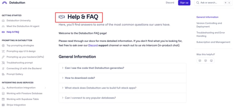 Find answers to common development questions, code generation guides, and documentation inside the databutton help center.