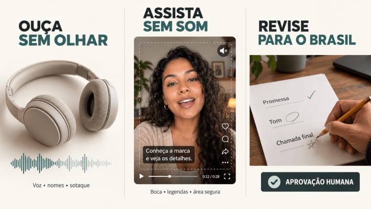 Painel demonstrando etapas de áudio, legendas e revisão humana em um gerador de vídeos UGC com IA avançado.