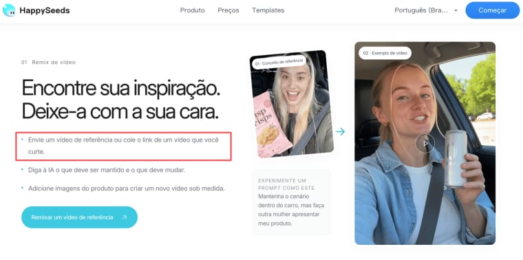 Interface de plataforma para remixar referências de vídeos usando um gerador de vídeos UGC com IA prático.