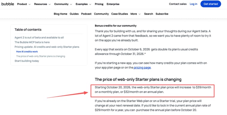 Review upcoming cost adjustments and updates introduced across various bubble pricing plans for starter users.