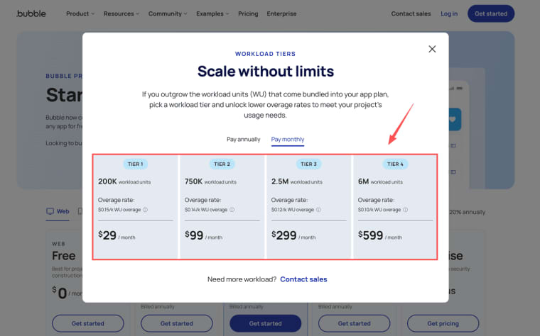 Explore workload tiers and overage rates designed to scale applications under flexible bubble pricing plans.