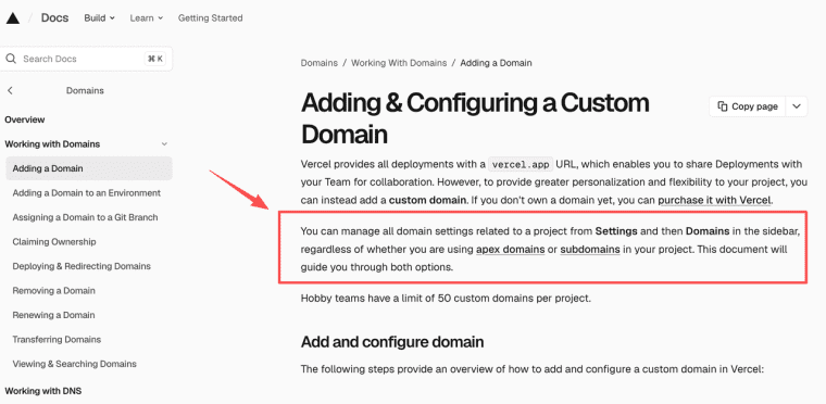 Manage apex domains and subdomains in project settings after deploying your static files through vercel drop.