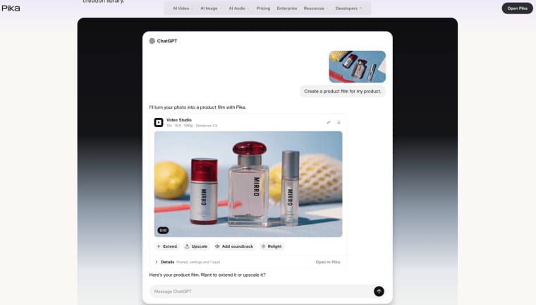 Generate product films directly inside chat prompts with the pika chatgpt website launch video integration.