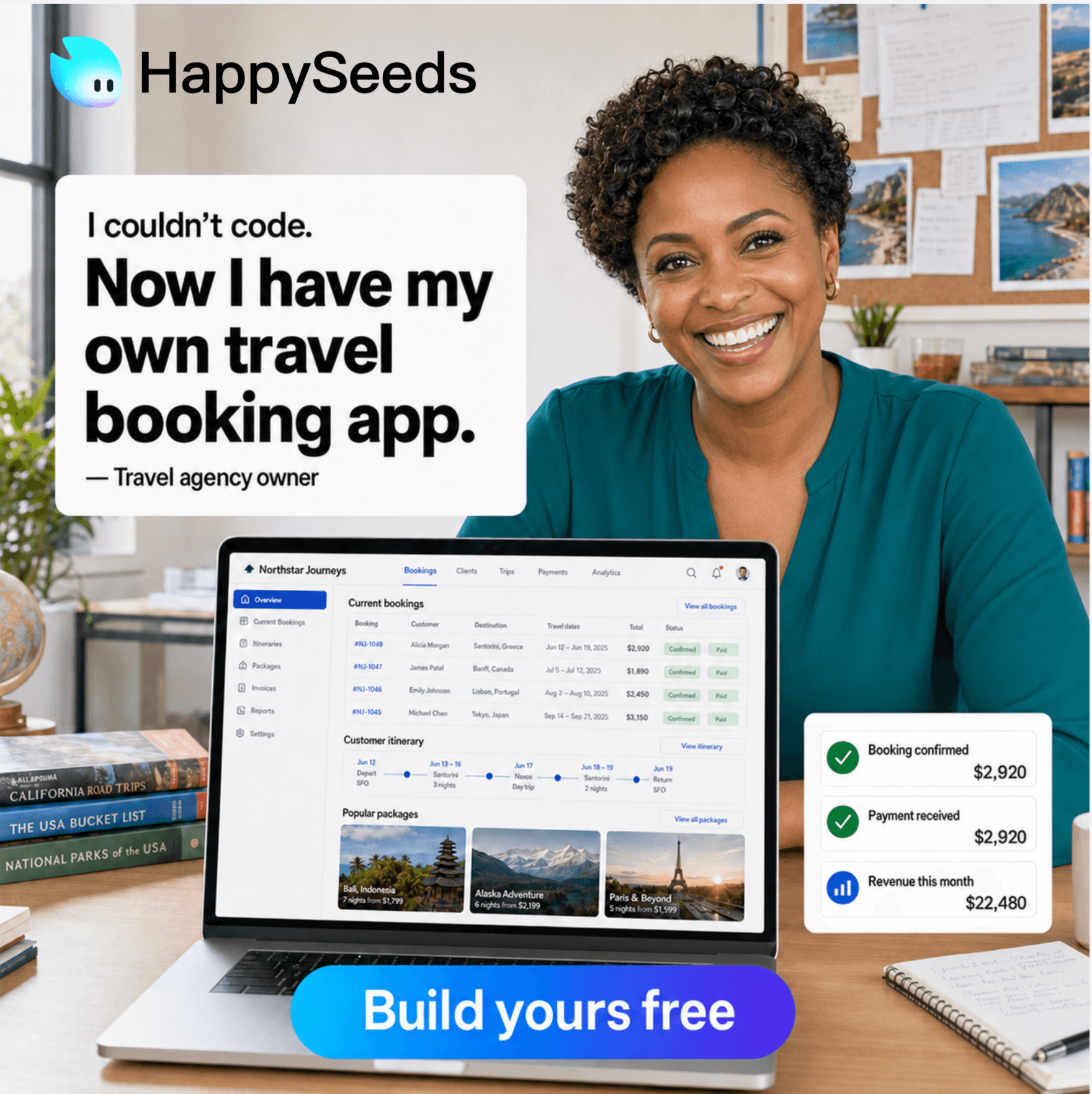 Travel booking app dashboard showing bookings, clients, trips, payments, and a customer itinerary