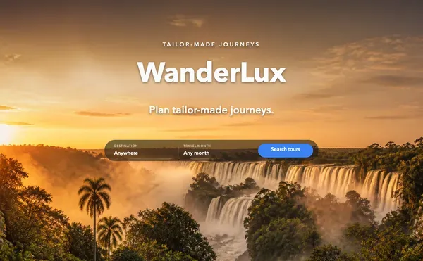 WanderLux travel showcase preview with destination and travel-month search controls above a waterfall landscape