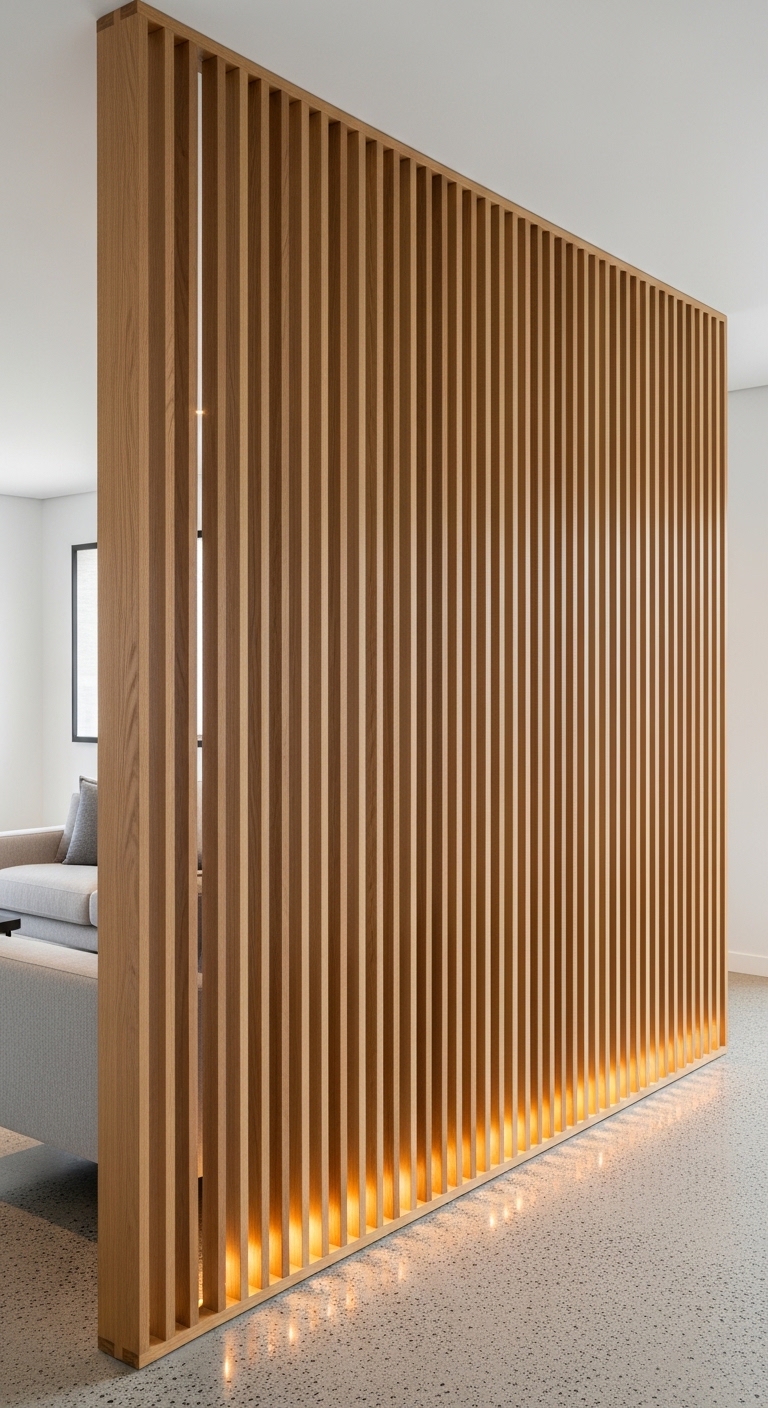 Glowing Oak Slat Divider Transforms Open Spaces