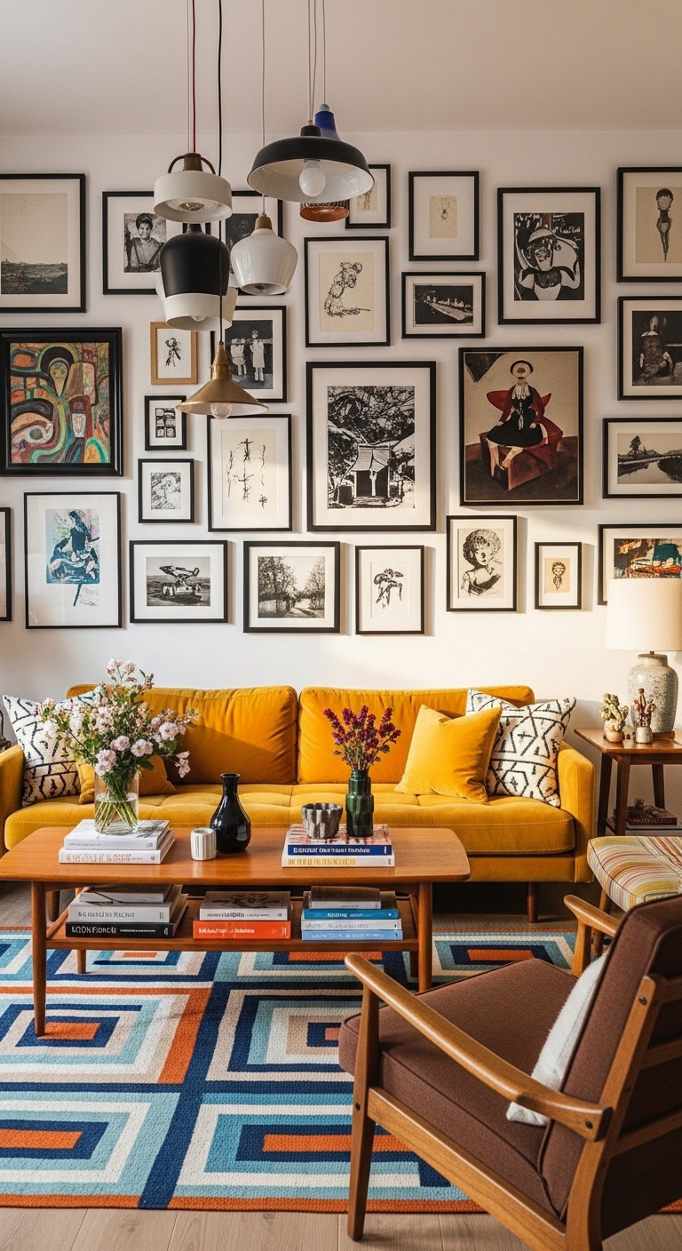 Epic Gallery Wall Over Vibrant Mustard Sofa
