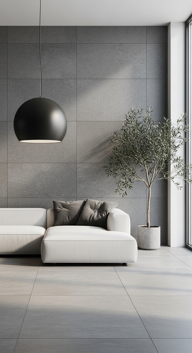 Minimalist Gray Retreat with Olive Tree Glow