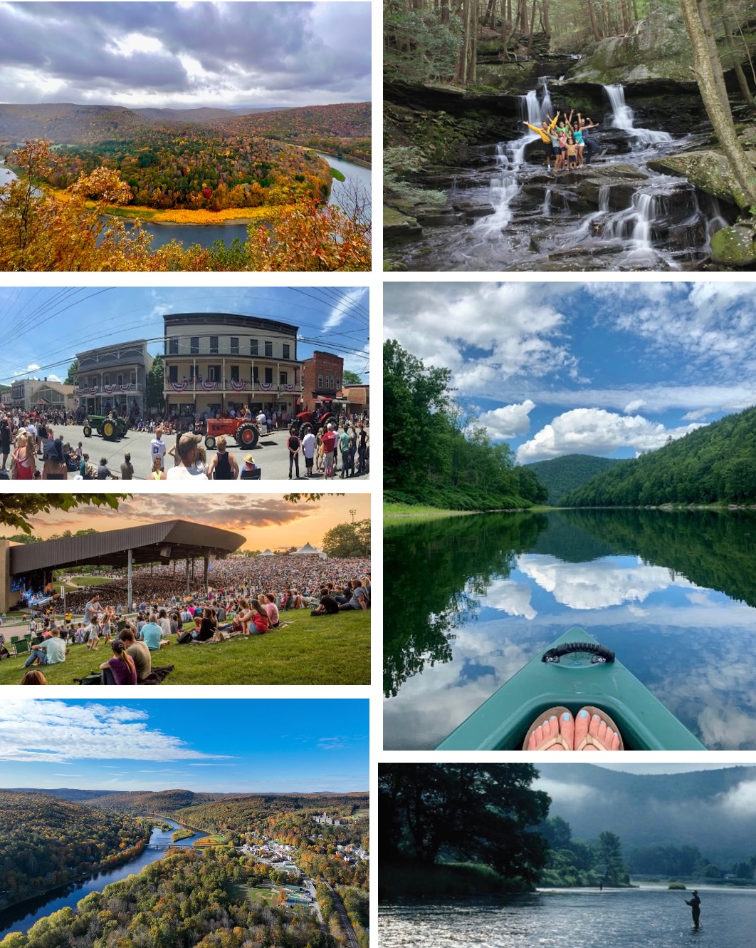 Upper Delaware River, Catskills waterfall, kayaking, Callicoon parade, Bethel Woods concert, and fly fishing near Mountain Meadows Long Eddy NY
