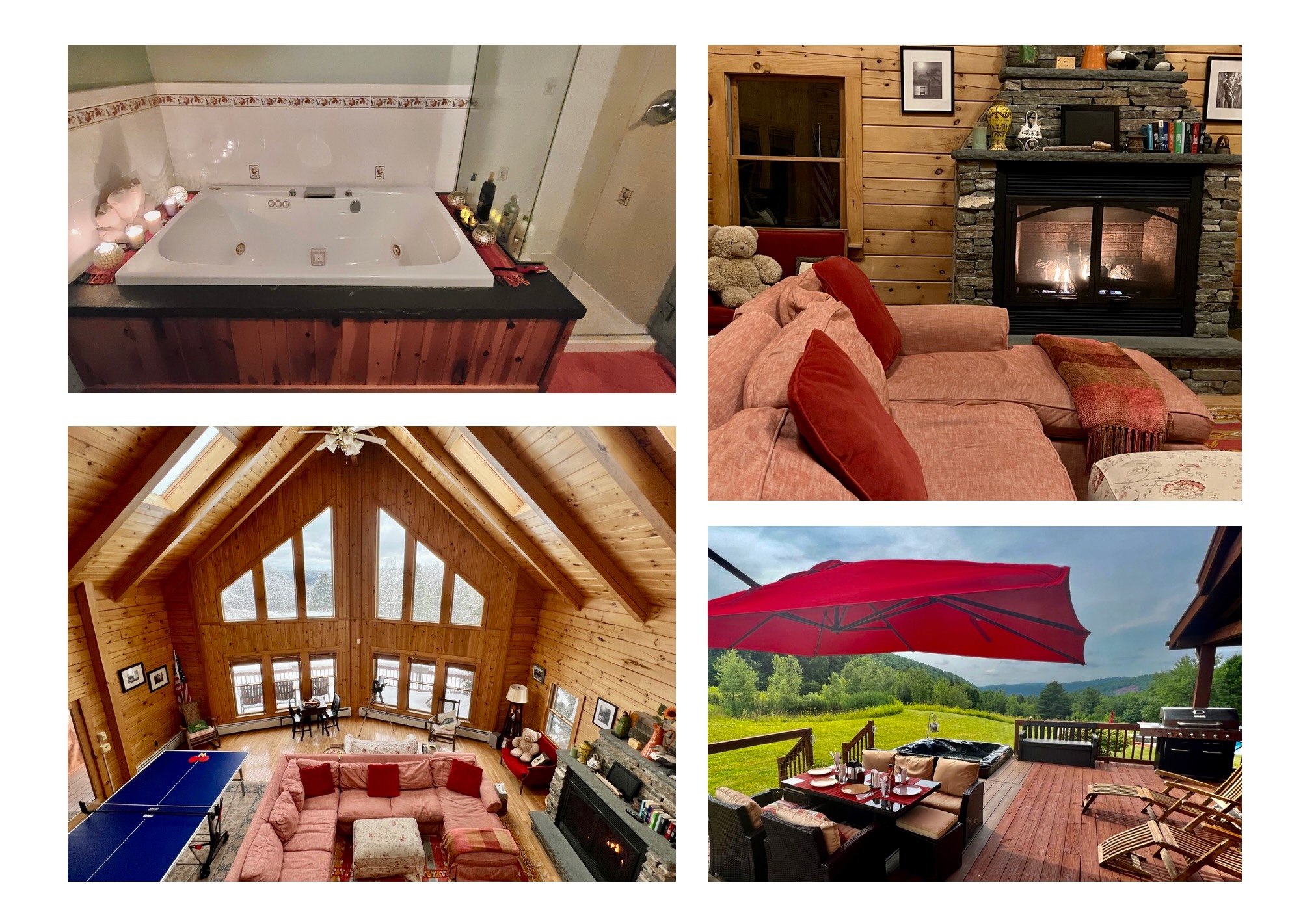 Jetted tub, stone fireplace, chalet great room, and deck with mountain views at Mountain Meadows Catskills vacation rental