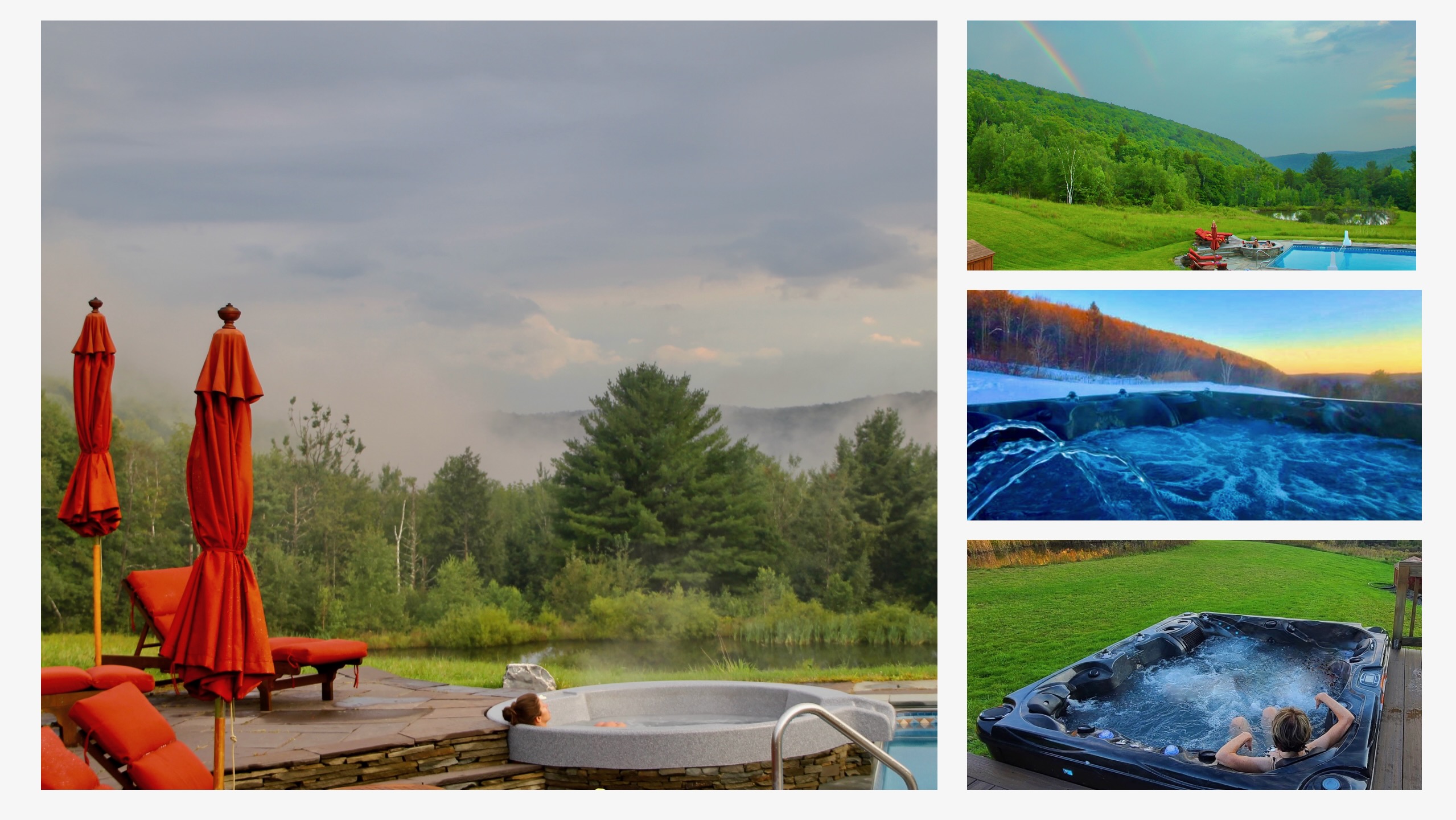 Hot tub with mountain mist, pool with rainbow, hot tub at winter sunset, and outdoor jacuzzi at Mountain Meadows Catskills