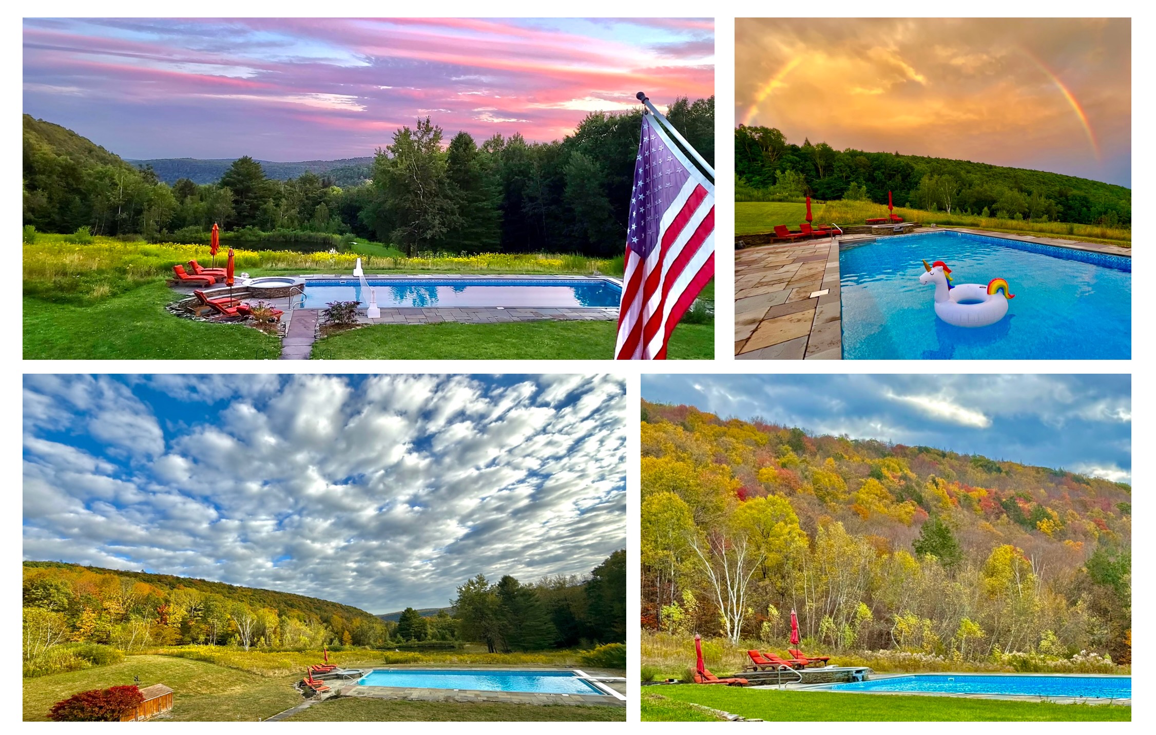 Pool at pink sunset with American flag, rainbow over pool with unicorn float, and fall foliage views at Mountain Meadows Catskills resort