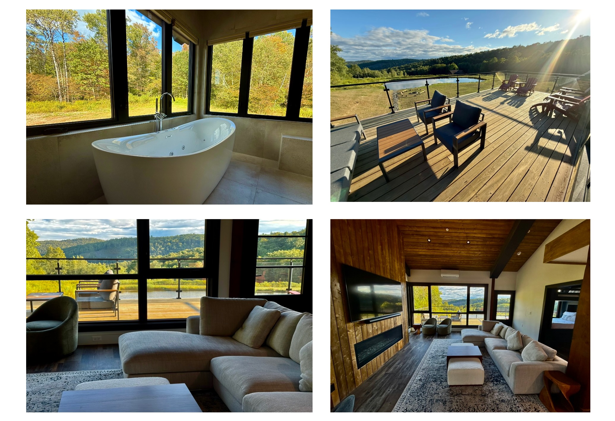 Freestanding soaking tub with forest view, barn lodge deck, and luxury living rooms at Mountain Meadows Catskills venue