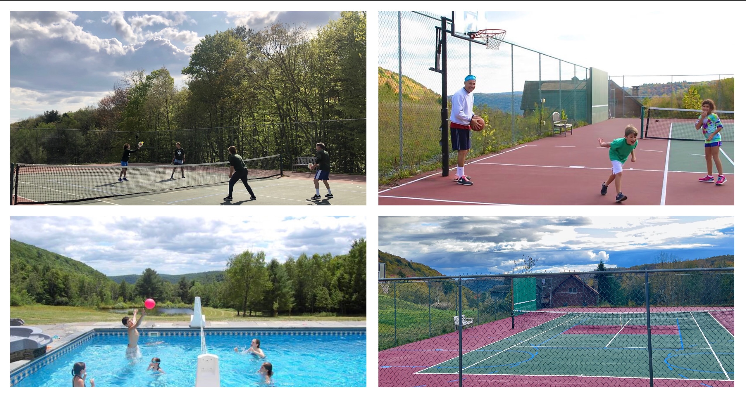 Pickleball, basketball, pool volleyball, and tennis courts at Mountain Meadows private Catskills resort Long Eddy NY