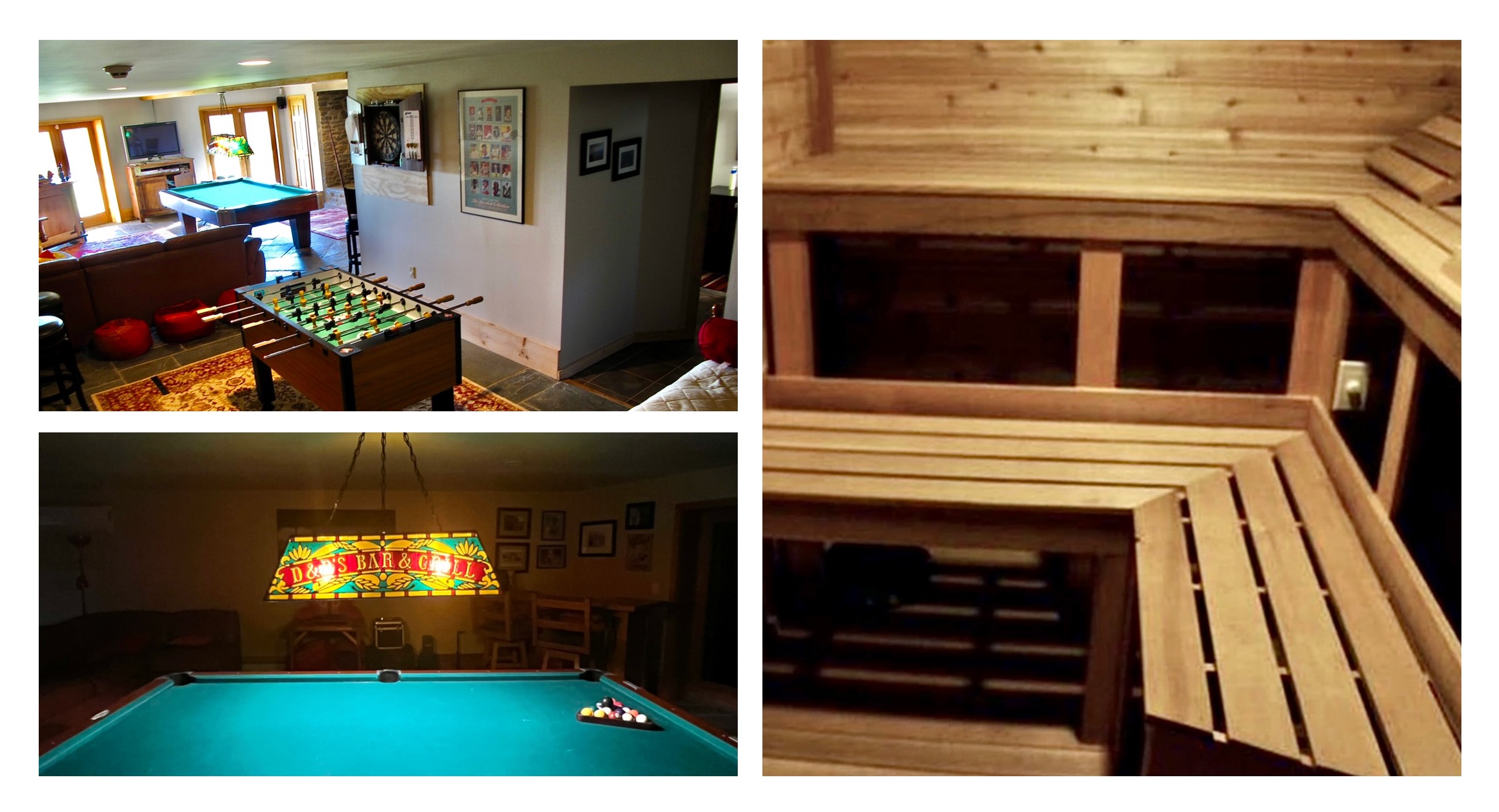 Game room with foosball and pool table, and cedar sauna at Mountain Meadows private Catskills vacation rental
