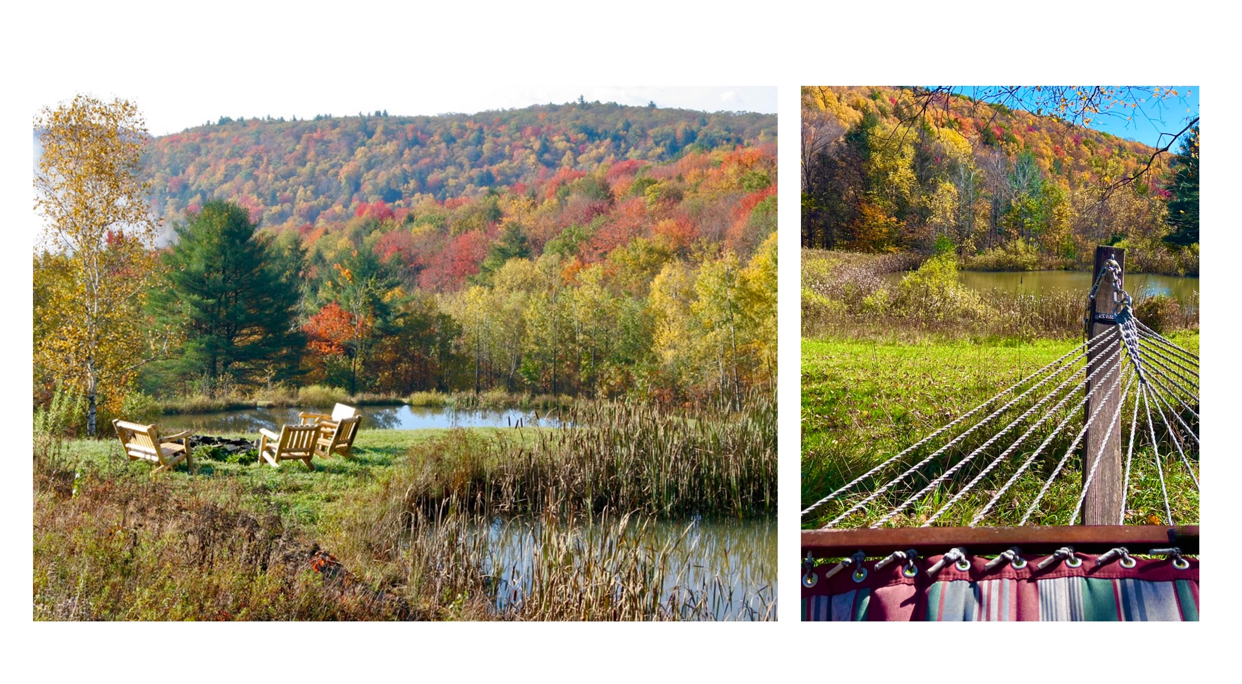 Adirondack chairs at fire pit by pond with fall foliage mountains and hammock view at Mountain Meadows Catskills retreat