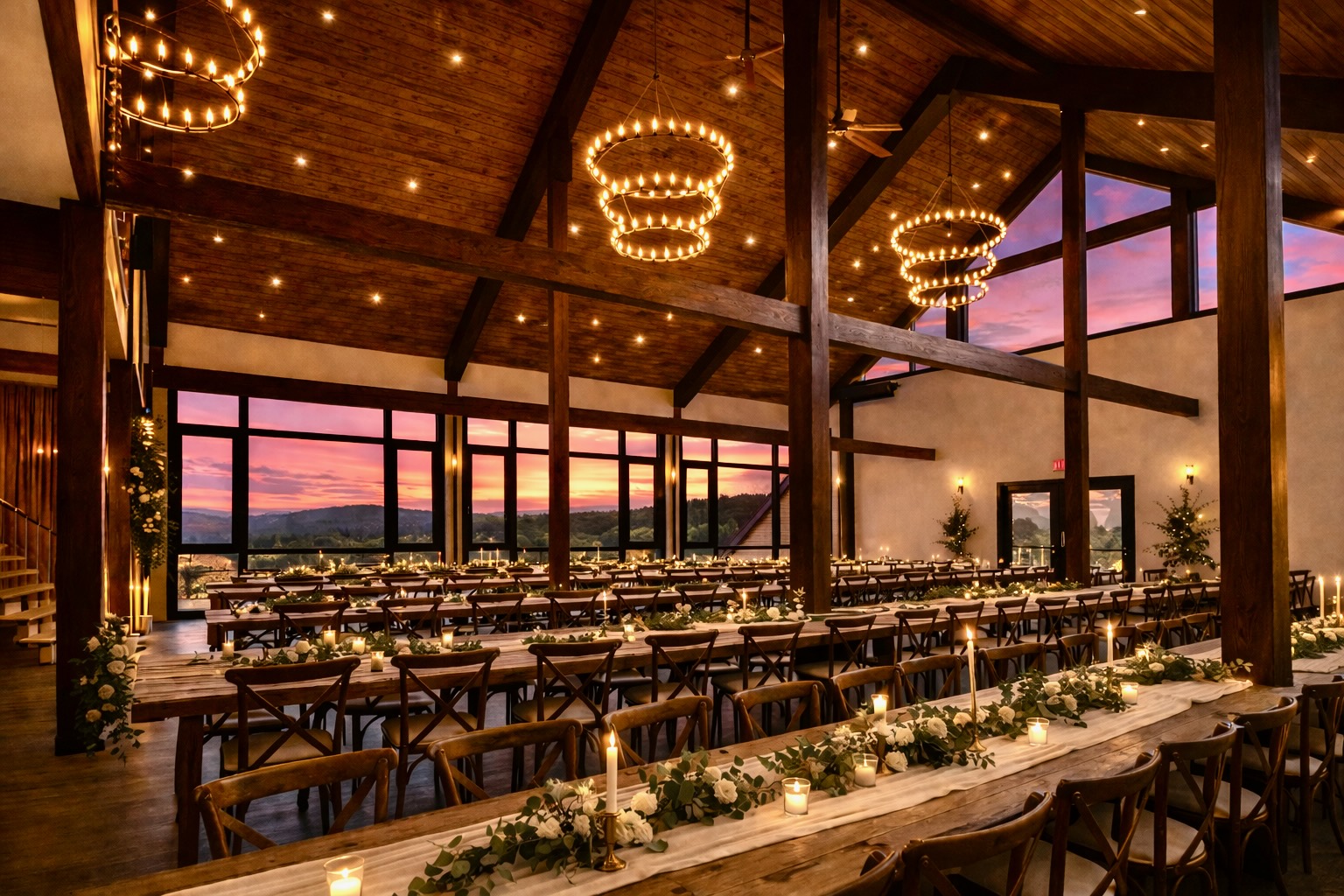 Barn wedding reception tables with candles and greenery at sunset through panoramic windows at Mountain Meadows Catskills venue