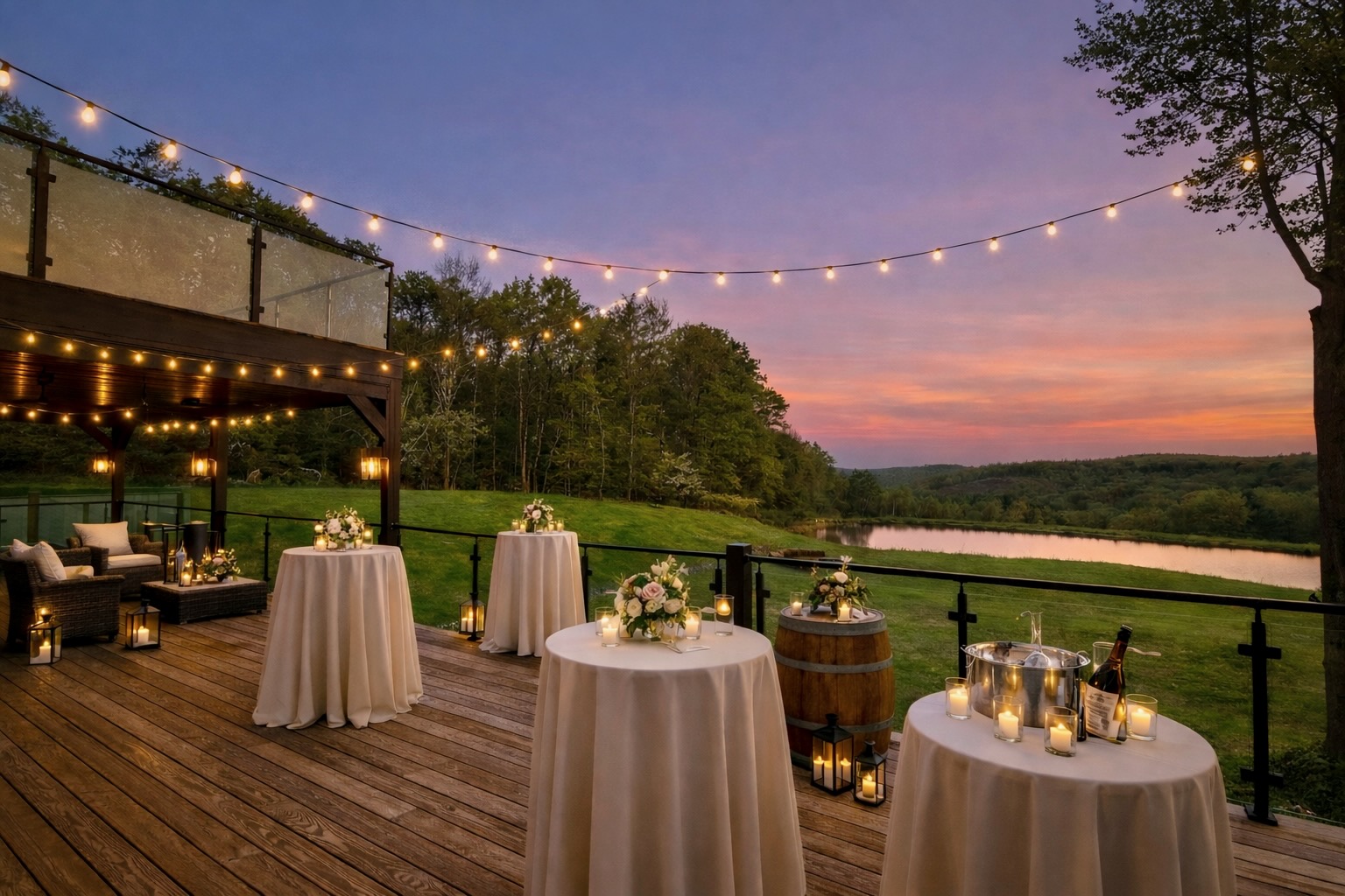 Cocktail hour on barn deck at sunset with string lights and Catskills mountain pond views at Mountain Meadows Long Eddy NY