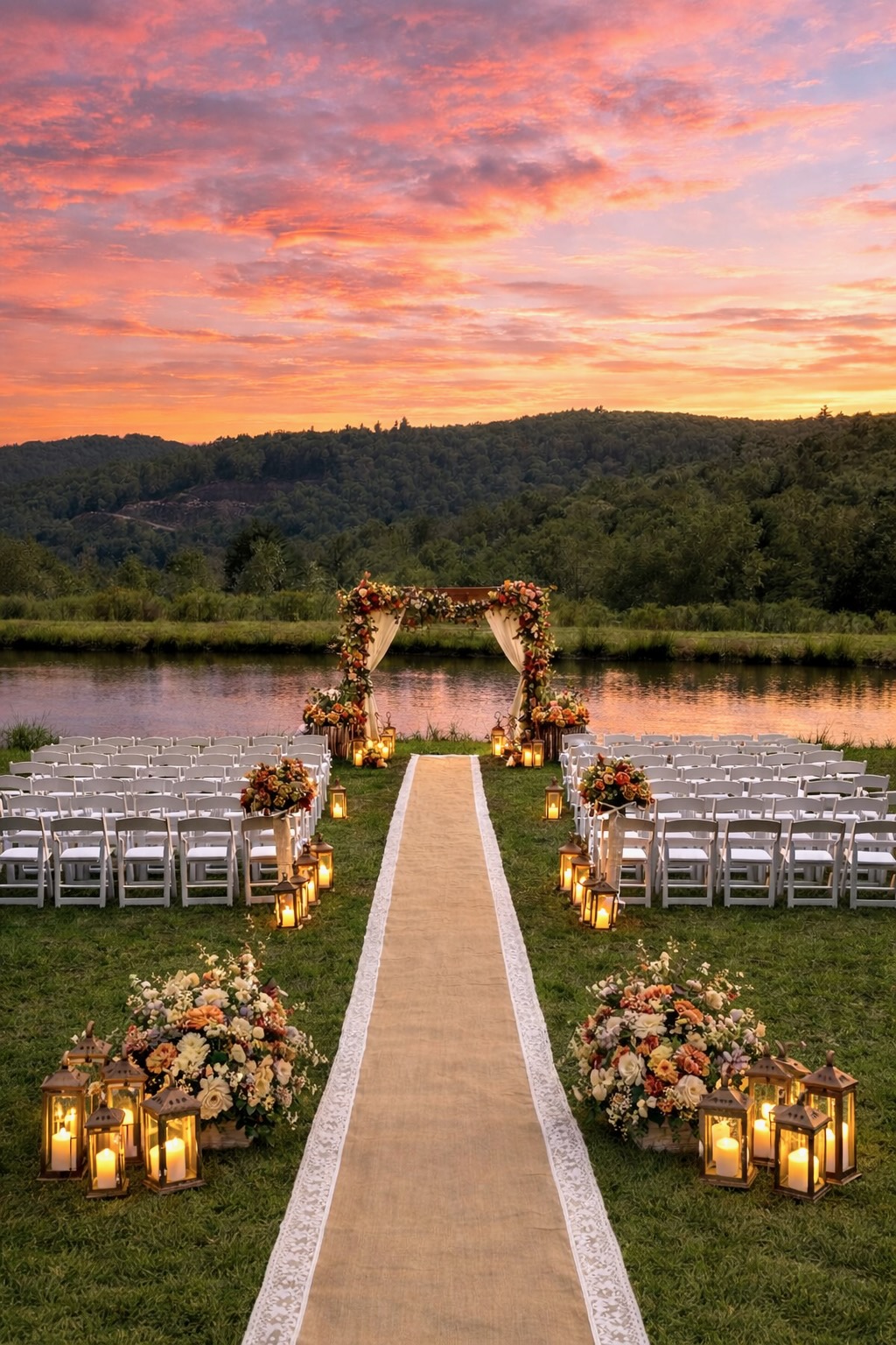 Outdoor wedding ceremony at sunset by the pond with floral arch and lanterns at Mountain Meadows Catskills wedding venue Long Eddy NY