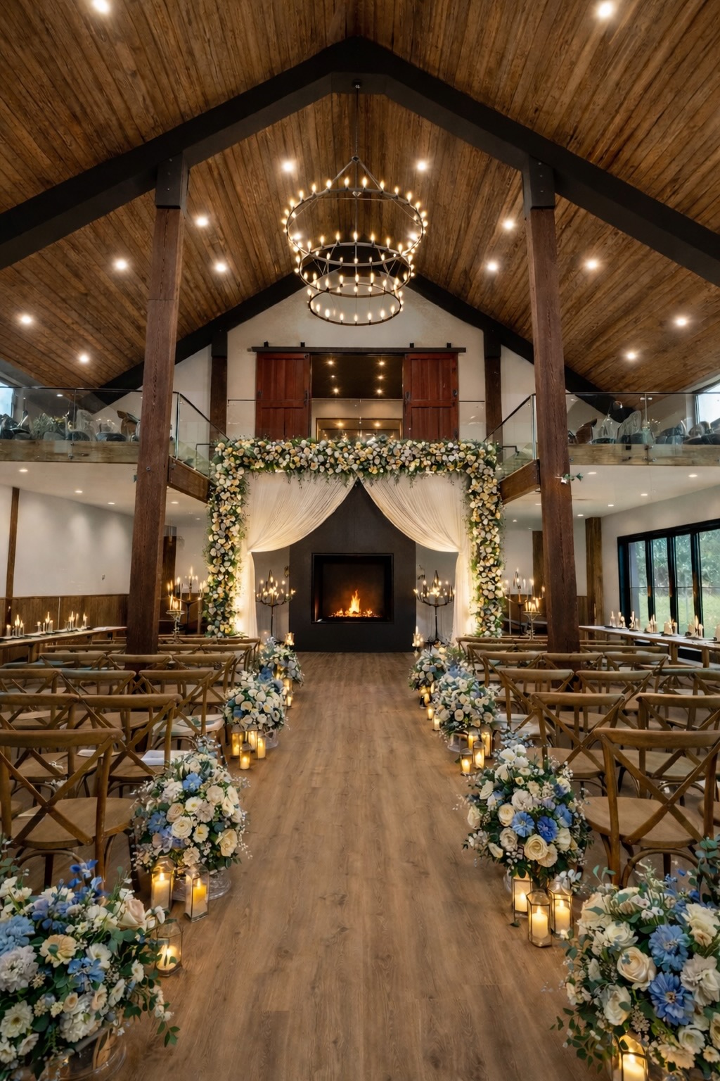 Indoor wedding ceremony with blue and white florals fireplace and chandelier at Mountain Meadows Catskills barn venue