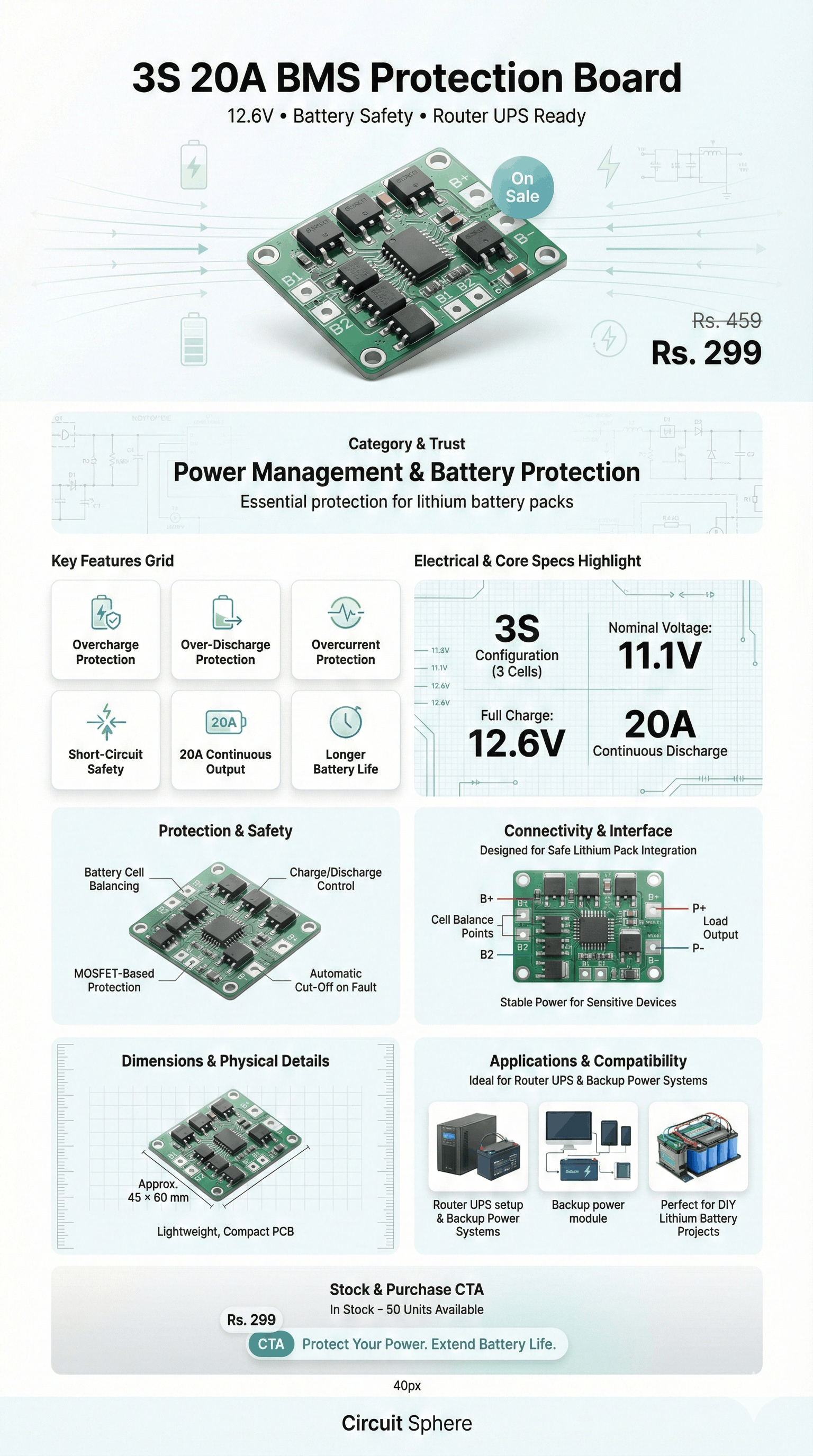 3S 20A BMS Protection Board (12.6V) (For Router UPS) Technical Guide