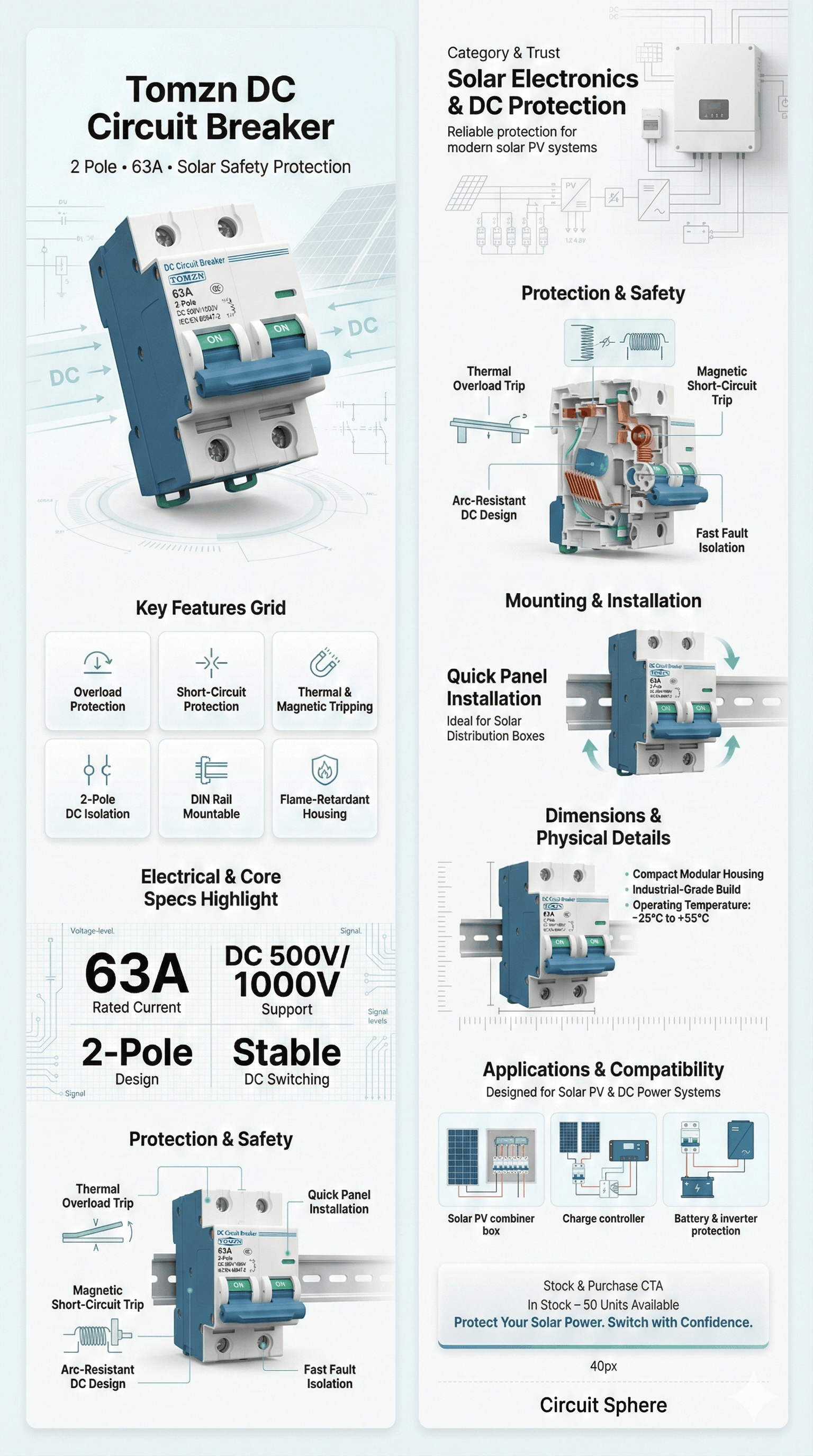Tomzn DC Circuit Breaker (2 Pole - 63A) (Solar Safety) Technical Guide