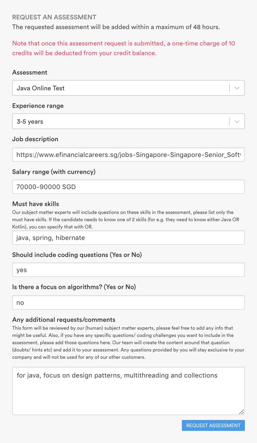 Assessment request form