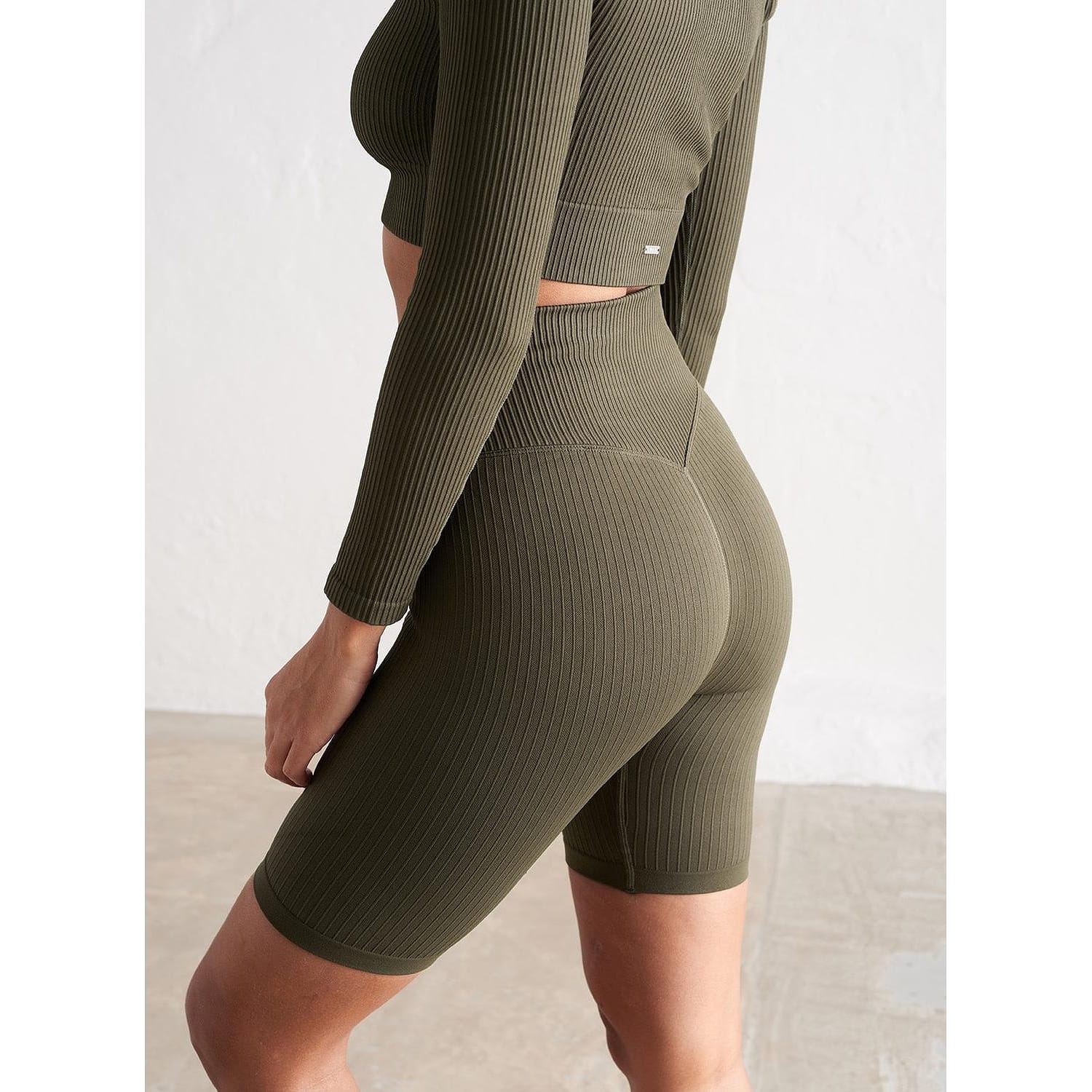 Khaki Ribbed Seamless Biker Shorts