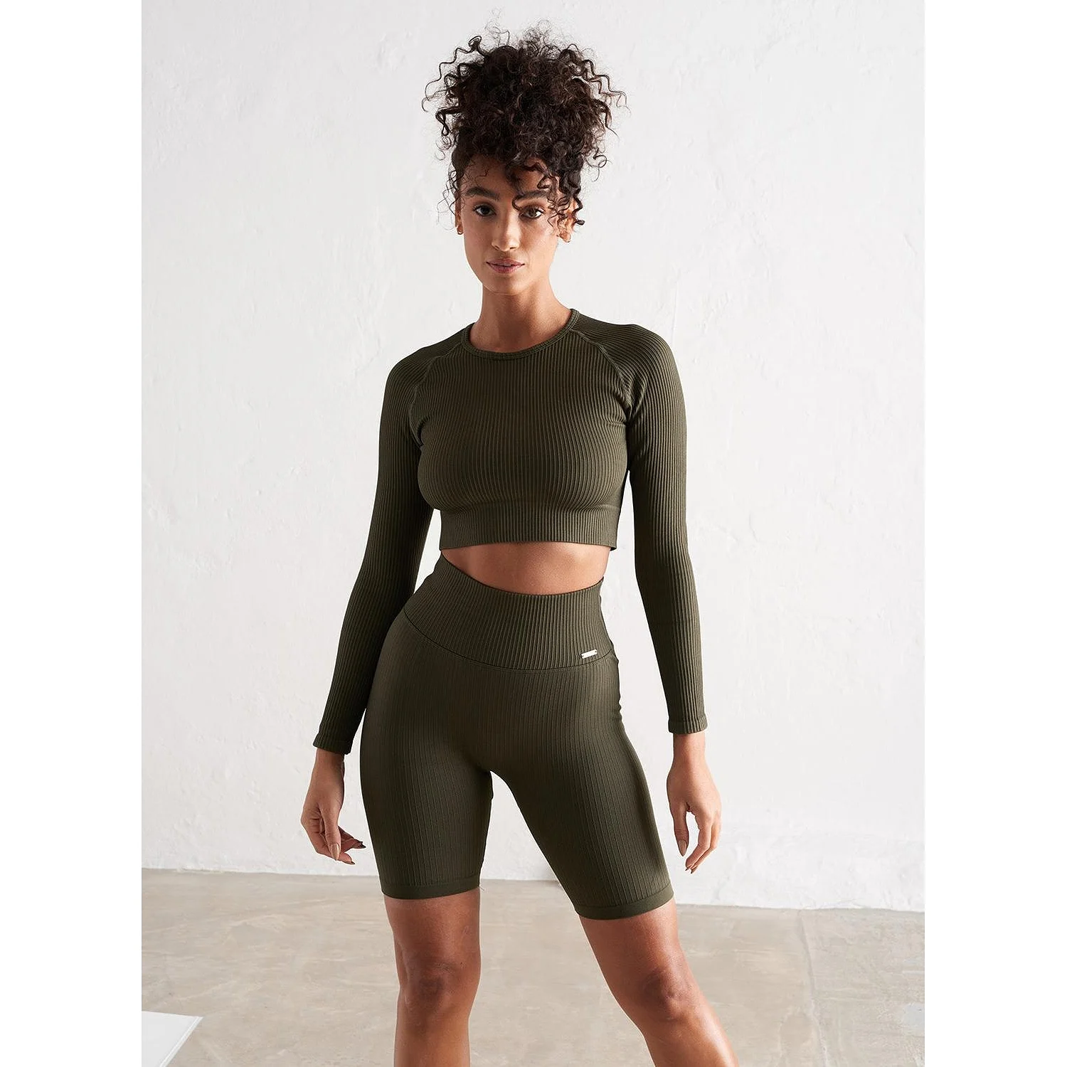 Khaki Ribbed Seamless Biker Shorts