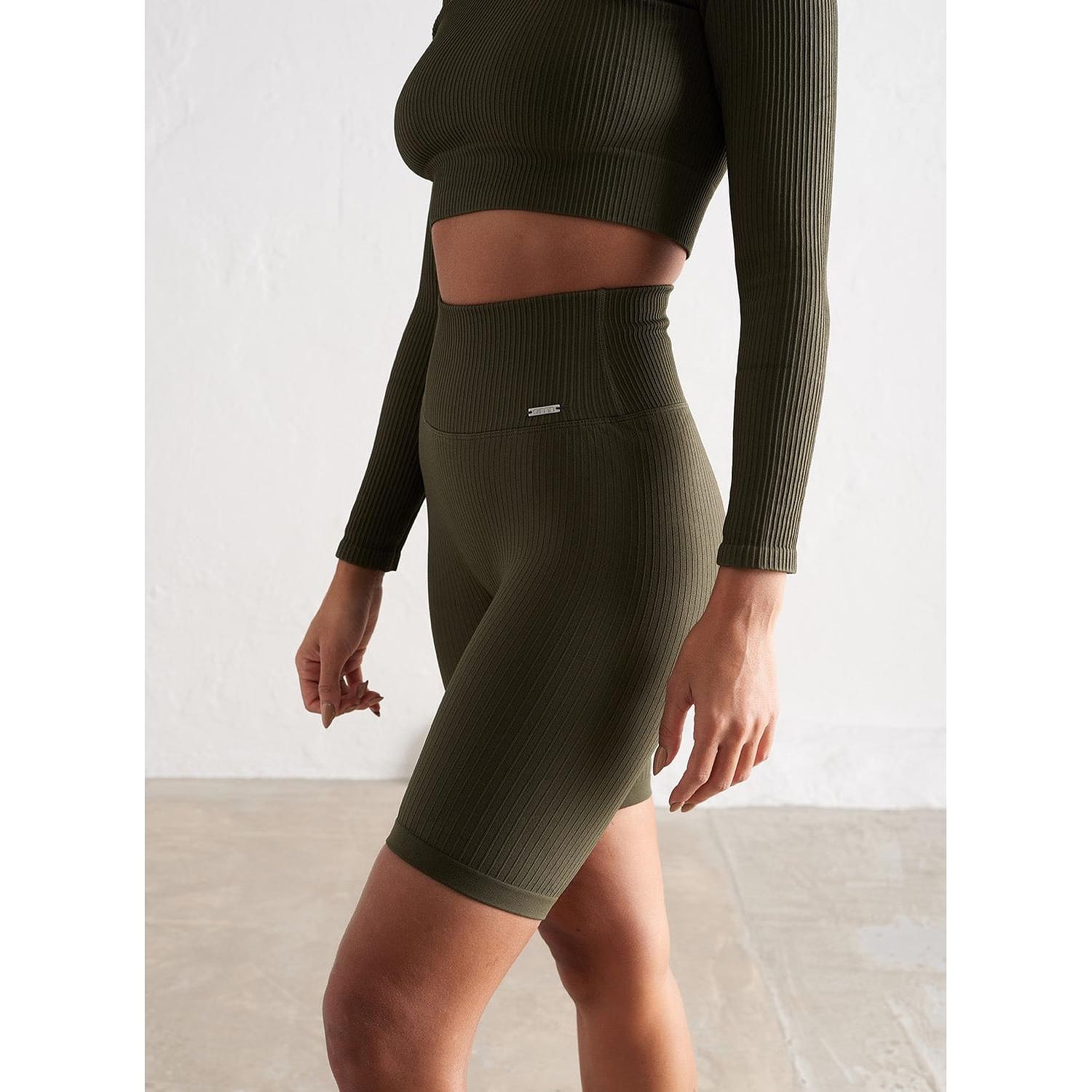 Khaki Ribbed Seamless Biker Shorts