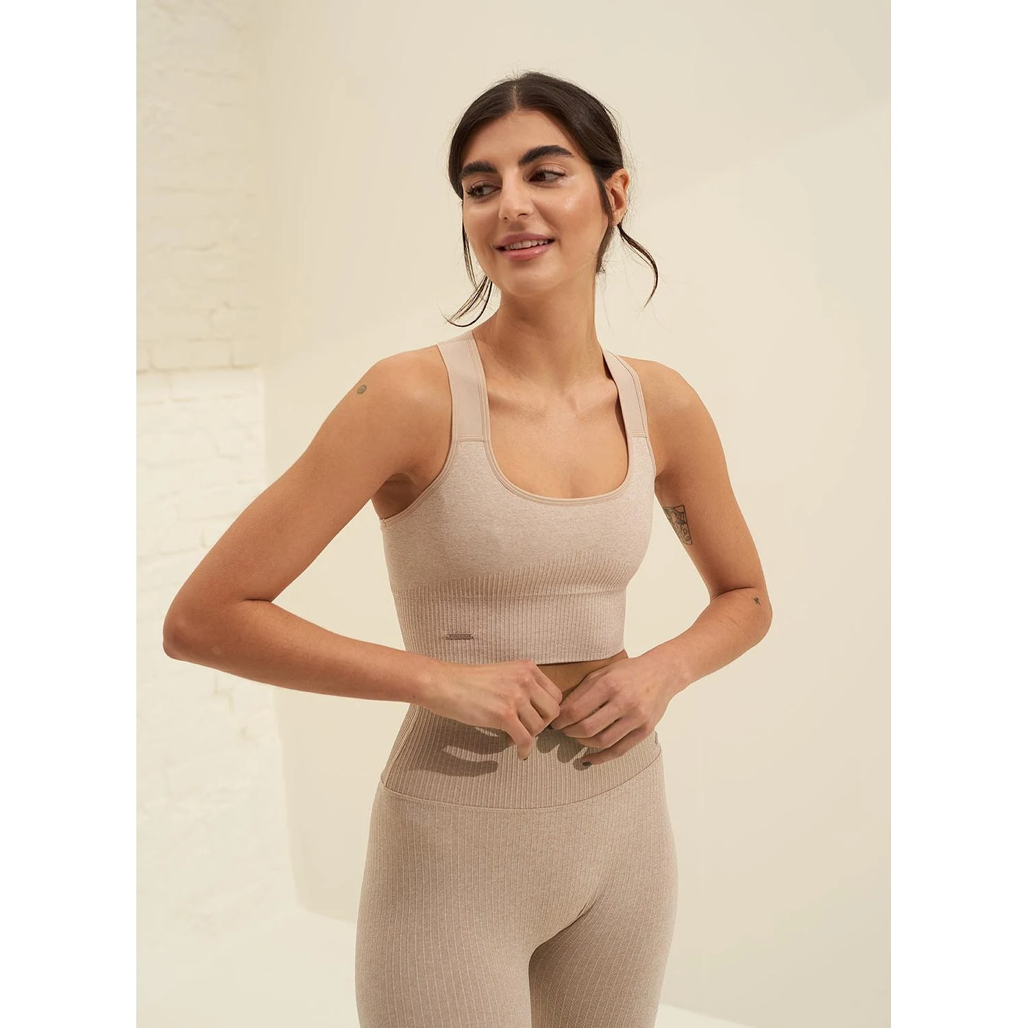 Beige High Support Ribbed Bra