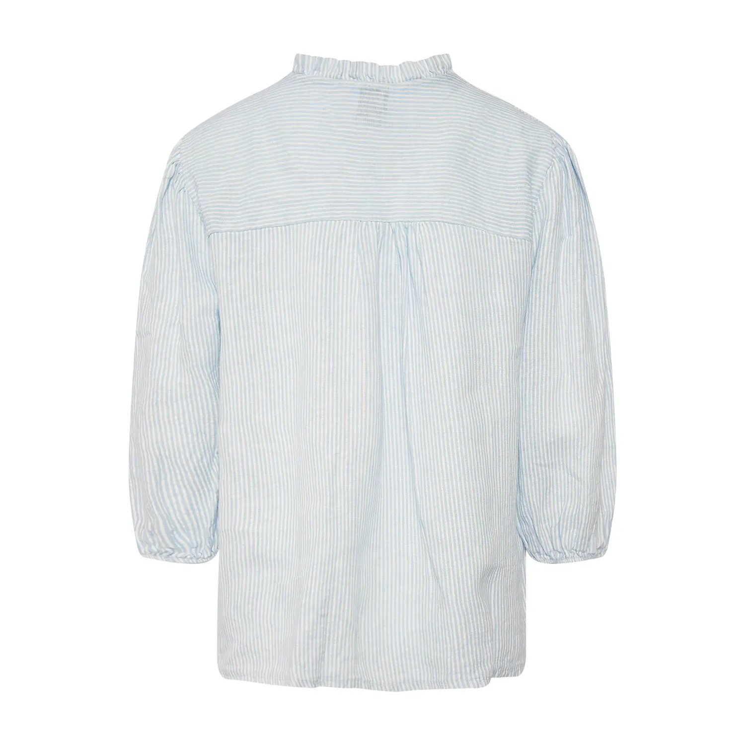 Ella, Frill Neck Blouse Stripe, Linen - Light Blue Stripe/white