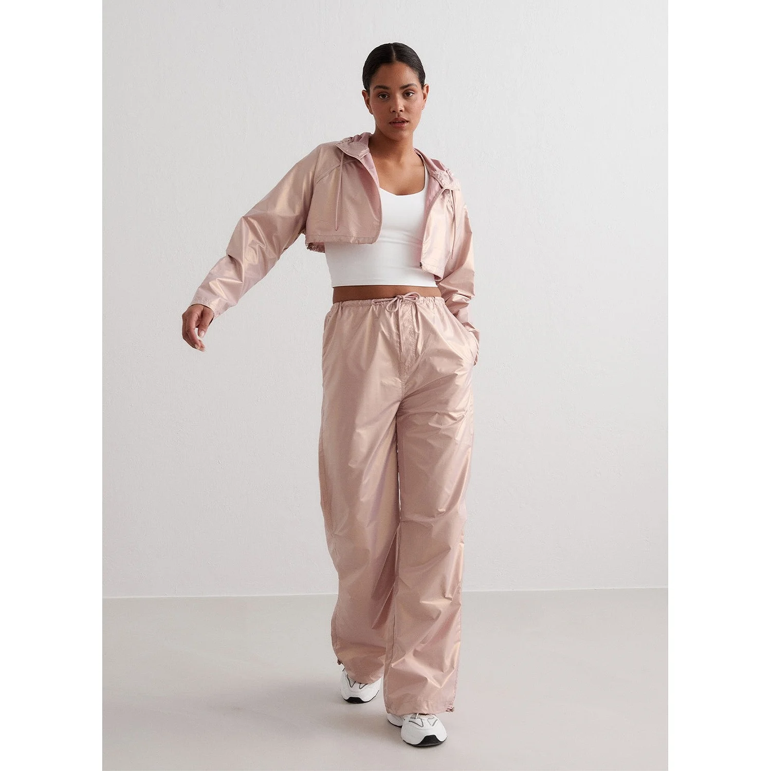 Rose Metallic Plain Parachute Pants